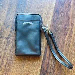 Coach dark brown leather zip wallet/cell phone case/card holder